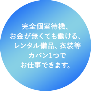 完全個室待機、お金が無くても働ける、レンタル備品、衣装等カバン1つでお仕事できます。